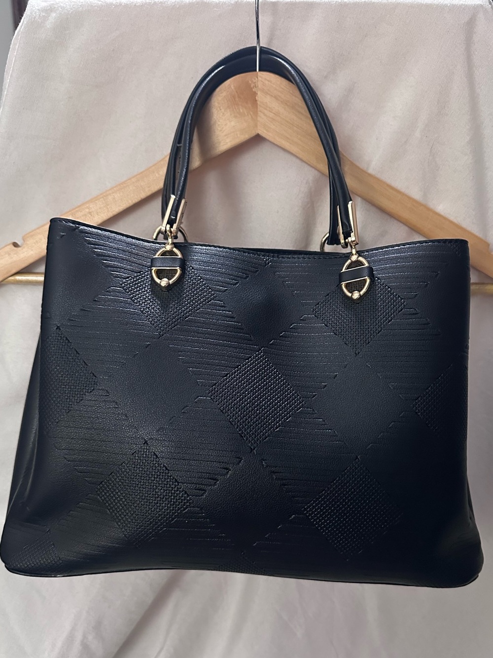 Classic Black Tote Handbag with Subtle Geometric Texture NWOT